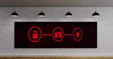 Televizyon ekranında dijital simge ağının görüntüsü. Dijital arayüz, iletişim ve veri işleme kavramı dijital olarak oluşturuldu.