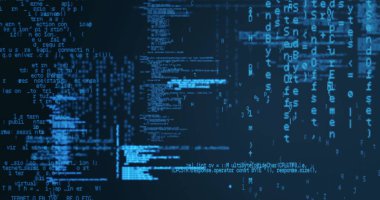 Karanlık arka planda dijital veri işleme resmi. Küresel hesaplama ve veri işleme kavramı dijital olarak oluşturulmuş resim.