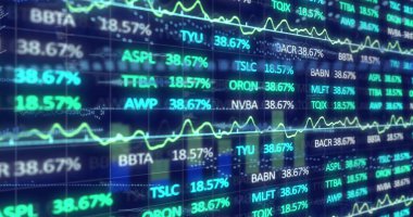 Mavi arkaplanda veri işleme resmi. küresel iş ve dijital arayüz kavramı dijital olarak oluşturulmuş görüntü.