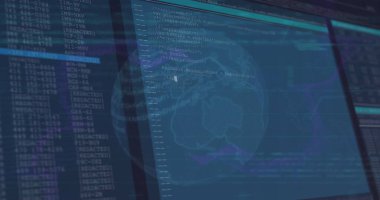 Finansal veri işleme görüntüsü koyu arkaplanda mavi ekranlar üzerinde. Küresel iş, finans, hesaplama ve veri işleme kavramı dijital olarak oluşturulmuş görüntü.