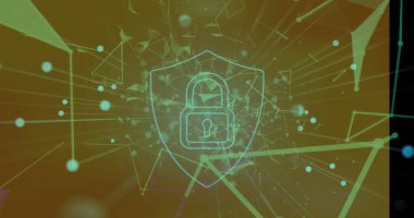 Gri gradyan arka planda yüzen güvenlik asma kilit simgesi ve pleksus ağlarının görüntüsü. Küresel ağ ve siber güvenlik teknolojisi kavramı