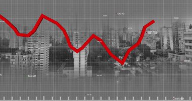 Şehir manzarasının havadan görüntüsüne karşı şebeke ağı üzerinden istatistiksel veri işleme resmi. Bilgisayar arayüzü ve iş veri teknolojisi kavramı