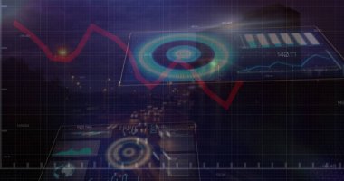 Şehir manzarası üzerinde finansal veri işleme resmi. Küresel iş, finans, hesaplama ve veri işleme kavramı dijital olarak oluşturulmuş görüntü.