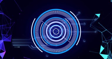 Siyah arkaplan üzerinde bağlı noktalar ve devre kartı desenli daireler yükleme resmi. Dijital olarak oluşturulmuş, hologram, illüstrasyon, iletişim, ilerleme ve iş konsepti.