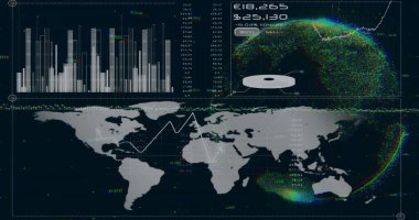 Diyagramlar üzerinde dünya resmi ve siyah arkaplan üzerinde dünya haritası. Küresel iş ve dijital arayüz kavramı, dijital olarak oluşturulmuş görüntü.