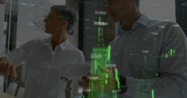 Finansal veri işleme ve çeşitli iş adamlarının istatistikleri. Küresel iş, finans ve veri işleme kavramı dijital olarak oluşturulmuş görüntü.