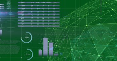 Dünyayı oluşturan ve bilgi arayüzü üzerinde dönen bağlantılı noktaların görüntüsü. Dijital olarak üretilmiş, çoklu pozlama, küreselleşme, rapor, veritabanı, yatırım, geleceksel, teknoloji.