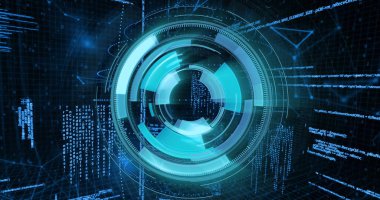 İkili kodların ve programlama dilinin üzerinde dönen radar görüntüsü. Dijital olarak üretilmiş, çoklu pozlama, kodlama, veri işleme, geleceksel, teknoloji, tarama, coğrafya ve konum.