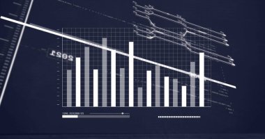 Grafik üzerinde sayı değiştiren ve devre kartı desenine karşı çubuk yükleyen çizgilerin görüntüsü. Dijital olarak üretilen hologram, illüstrasyon, rapor, iş dünyası, büyüme, ilerleme ve teknoloji.
