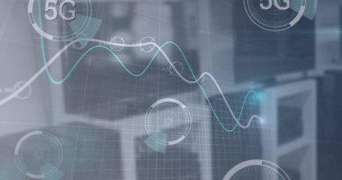 Dolu dairelerdeki 5G metinlerin resmi, boş sandalyelerin üzerindeki grafikler. Dijital bileşik, çoklu pozlama, mobilya, rapor, iş, büyüme, ilerleme, telekomünikasyon ve teknoloji kavramı.