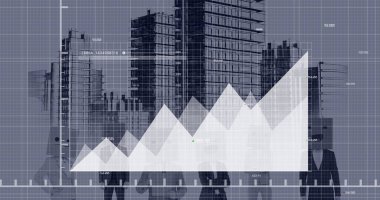Gri arka plandaki yüksek binalar üzerinden istatistiksel veri işleme görüntüsü. Mimarlık mühendisliği ve iş veri teknolojisi kavramı