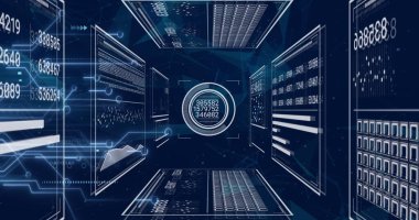 Dairelerdeki sayıları değiştirme, bağlantı noktaları şeklindeki çubukları yükleme görüntüsü. Dijital olarak üretilmiş, hologram, illüstrasyon, iletişim, ilerleme, iş ve teknoloji kavramı.