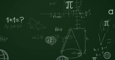 Yeşil arkaplana karşı yüzen çoklu web küresi simgeleri ve matematiksel denklemlerin resmi. Okul eğitimi ve iş teknolojisi kavramı