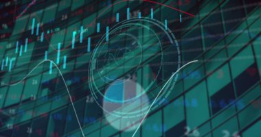 Yuvarlak tarayıcı, istatistiksel ve borsa veri işleme sisteminde 6G metin resmi. Küresel ekonomi ve iş ağı teknolojisi kavramı