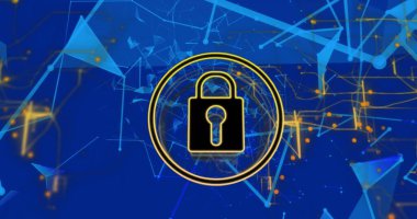 Mavi arkaplan üzerinde asma kilit, navigasyon deseni ve bağlı noktaların şekillenmesi. Dijital olarak üretilmiş, hologram, illüstrasyon, koruma, iletişim ve teknoloji kavramı.