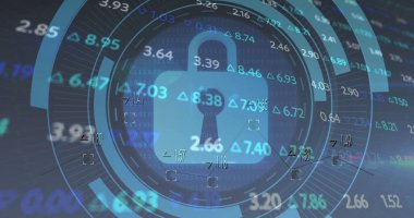 Yükleme çemberlerindeki asma kilit resmi, rakamları değiştirme, soyut arkaplan üzerinden işlem tahtası. Dijital olarak üretilmiş, hologram, koruma, iş, büyüme, ilerleme ve teknoloji kavramı.