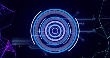 Siyah arkaplan üzerinde bağlı noktalar ve devre kartı desenli daireler yükleme resmi. Dijital olarak oluşturulmuş, hologram, illüstrasyon, iletişim, ilerleme ve iş konsepti.