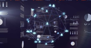 Küre oluşturan ve bilgi arayüzü üzerinde dönen çizgilerle bağlantılı simgelerin görüntüsü. Dijital olarak üretilmiş, çoklu maruz kalma, küreselleşme, veritabanı, gelecek, teknoloji, aydınlatma.