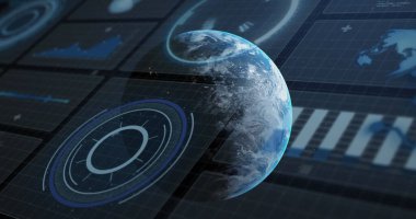 Uzayda dönen küreye karşı veri işleme arayüzünün görüntüsü. Bilgisayar arayüzü ve iş teknolojisi kavramı