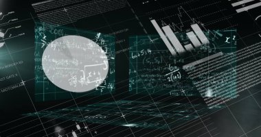Siyah zemin üzerinde matematiksel denklemleri olan istatistiksel veri işleme ve ekranlarının resmi. İş veri teknolojisi kavramı
