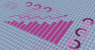 Izgara arka planında hareket eden pembe bilgi arayüzünün resmi. Dijital olarak üretilmiş, çoklu pozlama, iş, rapor, grafik, soyut ve teknoloji kavramı.