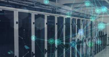 Bilgisayar sunucu odasına karşı tıbbi simgelerin, ışık noktalarının ve pleksus ağlarının resmi. Tıbbi araştırma ve iş veri depolama teknolojisi kavramı