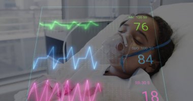 Image of heart rate monitor against biracial girl in wearing oxygen mask lying on hospital bed. Medical healthcare and research science technology concept clipart