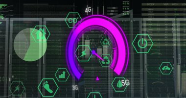 Hız göstergesi üzerinde veri işleme ve sunucu odası resmi. Küresel iş ve dijital arayüz kavramı dijital olarak oluşturulmuş görüntü.