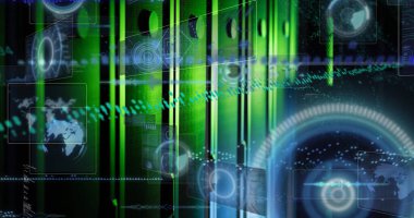 Veri sunucu rafları üzerinde grafik, harita, küre, radar ve bilgisayar dili resmi. Dijital bileşik, rapor, iş, küreselleşme, sonar, veri merkezi, ağ, teknoloji, ağ sunucusu.