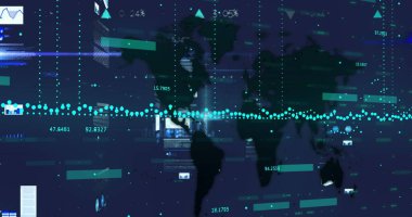 Mavi arka planda finansal ve istatistiksel veri işleme görüntüsü. Küresel finans ve iş veri teknolojisi kavramı