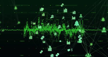 Yeşil grafiğin üzerinde yüzen finansal verileri temsil eden sayısız dijital simge. Çizgiler ve noktalar bu simgeleri birleştirir, bir bilgi ağı oluşturur