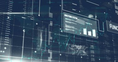 Mavi arkaplandaki veri işleme ve şekillerinin resmi. Küresel işletme dijital arayüz ve veri işleme kavramını dijital olarak oluşturur.