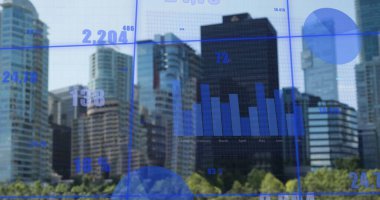 Modern binalara karşı tarlalarda sayı ve grafiklerin değişiminin görüntüsü. Dijital bileşik, çoklu pozlama, rapor, iş, büyüme, mimari ve teknoloji kavramı.