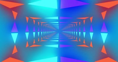 Mavi arkaplanda neon turuncu ve mavi desenli bir görüntü. Şekil, renk, şekil ve hareket konsepti dijital olarak oluşturulmuş görüntü.