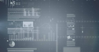 Gri arka planda istatistiksel veri işleme yapan ekranların görüntüsü. Bilgisayar arayüzü ve iş teknolojisi kavramı