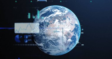 Çeşitli veri tabloları ve grafiklerle Dünya 'nın dijital bir temsili. Arka plan karanlık, yıldızlı uzay, küresel veri görselleştirme temasını vurguluyor