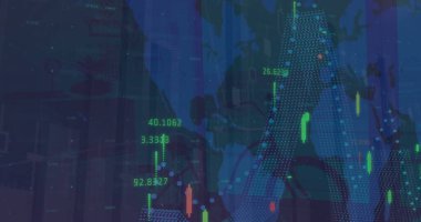 Dünya haritası üzerinde istatistik ve finansal veri işleme resimleri. Küresel finans, iş, bağlantılar, hesaplama ve veri işleme kavramı dijital olarak oluşturuldu.