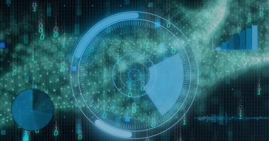 Yuvarlak tarayıcı ve istatistiksel veri işleme görüntüsü dijital dalga ve ikili kodlama üzerinde. Bilgisayar arayüzü ve iş veri teknolojisi kavramı