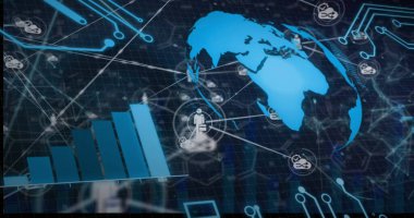 Bağlantılar ve dünya görüntüsü, kara arkaplan üzerinde veri işleme. Küresel finans, iş, bağlantılar, hesaplama ve veri işleme kavramı dijital olarak oluşturuldu.