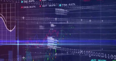 Grafiklerin, alım satım tahtasının, ikili kodların ve soyut arkaplan üzerinde bilgisayar dilinin resmi. Dijital olarak üretilmiş, hologram, borsa, rapor, iş dünyası, kodlama ve teknoloji kavramı.