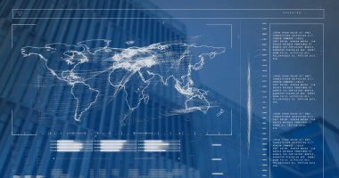 Veri işleme ve dünya haritasıyla birlikte yüksek binanın alçak açılı görüntüsüne karşı arayüz görüntüsü. Bilgisayar arayüzü ve iş teknolojisi kavramı