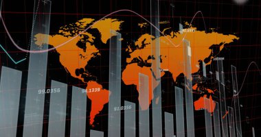 Dünya haritasında siyah arkaplana karşı istatistiksel veri işleme resmi. Küresel ağ ve iş teknolojisi kavramı