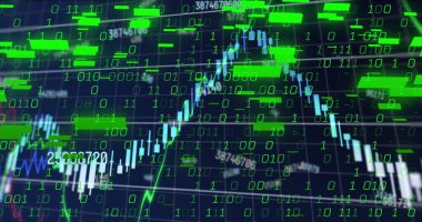 Siyah arkaplan üzerinde ikili ve veri işleme. İş, küresel iletişim, veri ve dijital arayüz teknolojisi, dijital olarak oluşturulmuş görüntü.