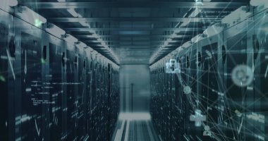 Sunucu odasına karşı dönen tıbbi ikonlar, veri işleme ve mozaik karelerin görüntüsü. Tıbbi araştırma ve iş veri depolama teknolojisi kavramı