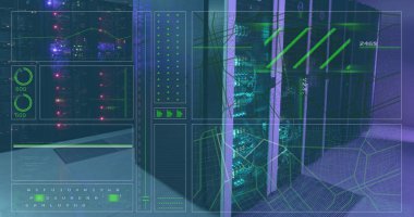 Sunucu odasında veri işleme resmi. Küresel iş ve dijital arayüz kavramı, dijital olarak oluşturulmuş görüntü.