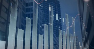 Şehir manzarası üzerinde finansal veri işleme resmi. Küresel iş, finans, hesaplama ve veri işleme kavramı dijital olarak oluşturulmuş görüntü.