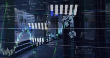 Binada görülen yolda ilerleyen arabaların hızlandırılmış görüntüsü ve küresi. Dijital bileşik, çoklu pozlama, iş, rapor, veri, grafik, küreselleşme, ulaşım.