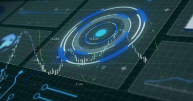 Radar ve ızgara arka planında hareket eden çoklu grafikli hud ekran görüntüsü. Dijital olarak üretilen, taranan, veri işleme, iş, rapor, tahmin, planlama ve teknoloji kavramı.