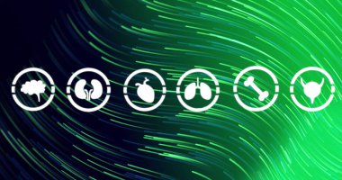 Yeşil eğimli arka planda dalgalı ışık izleri üzerinde birden fazla tıbbi ikonun görüntüsü. Tıbbi araştırma ve bilim teknolojisi kavramı