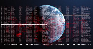 Veri işleme ve dijital şehrin siyah arka plandaki görüntüsü. Küresel teknoloji, bilgisayar ve dijital arayüz kavramı dijital olarak oluşturulmuş görüntü.